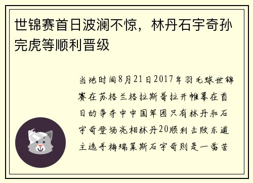 世锦赛首日波澜不惊,林丹石宇奇孙完虎等顺利晋级